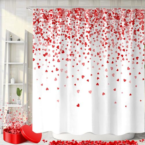 Sanzugh Joli rideau de douche en tissu pour la Saint-Valentin, décoration de salle de bain avec crochets - 183 x 183 cm - Motif cœurs rouges et roses