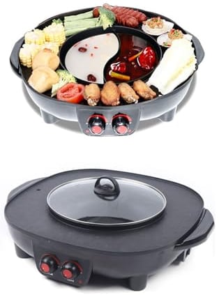 2 In 1 Hotpot und Grill, Elektrischer Hotpot Topf Elektrogrill Antihaft-Rauchloser Grillofen, Indoor Korean BBQ Grill Barbecue Fondue Raclette, für 5-6 Personen