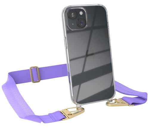 EAZY CASE - Hülle mit Band kompatibel mit iPhone 15 Handyhülle mit Umhängeband Silikonhülle Transparent Schutzhülle Handykette zum Umhängen Handykordel Smartphone in Lavendel Lila - Clips Gold