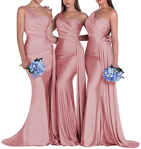 Générique Robes de Demoiselle d’Honneur à Une épaule pour Les Robes de Bal en Satin de sirène de Mariage Longue traîne Haute Fourche Robes de soirée Formelles Blush XL