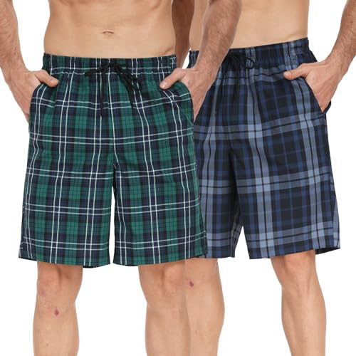 North Bund Lot de 2 Bas De Pyjama Homme Court Pantalon Shorts 100% Coton Carreaux Maison Vêtements De Nuit Élastique Ceinture Boxer sous Doux D'été avec Poches XL