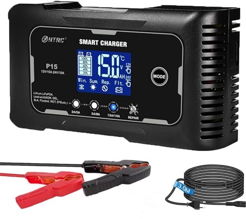 SolaMr 15A Chargeur de Batterie de Voiture, 12V et 24V Mainteneur de Batterie Entièrement Automatique, Chargeur de Trickle pour Camions, Motos, Batteries Marines au Lithium et au Plomb - P15