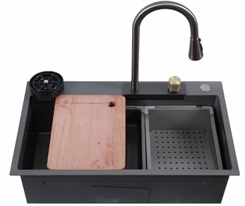 MEJE Fregadero de cocina de cascada de 32 pulgadas, fregadero de cocina de acero inoxidable 304 mejorado, grifo extraíble de lluvia voladora, textura de panal inferior, cuenco individual grande con