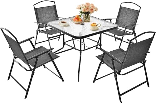GIANTEX Juego de Comedor de Patio de 5 Piezas, Sillas Plegables & Mesa de Tablero de Vidrio con Agujero para Sombrilla, Mesa de Estructura de Metal para Terraza, Jardín