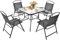 GIANTEX Ensemble de salle à manger de patio 5 pièces, Mobilier Exterieur, Chaises pliantes et table en plateau de verre avec trou pour parasol, Table de structure en métal pour terrasse, jardin
