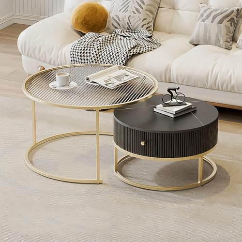 Juego De 2 Mesas De Centro Redondas Nido, Mesa De Centro De Cristal Dorado, Tablero De Cristal Transparente, Mesas Auxiliares Para Sala De Estar, Dormitorio, Oficina, Apartamento G,(80X46)+(60X36)CM