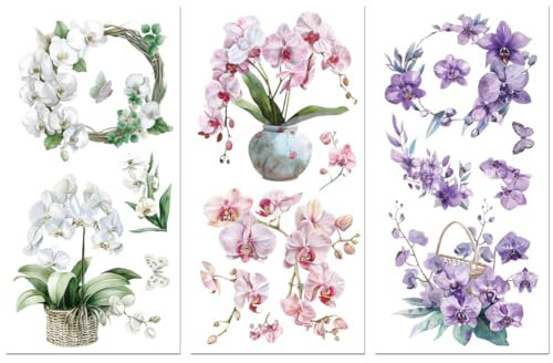 Peacoblue Purple Rub on Transfers for Crafts 3Pcs Orchid 15cmx30cm, UV DTF Waterproof Washing Machine Japanese Furniture Transfer for Chest of Drawer Dresser Glass Porcelain Wood Plastic
