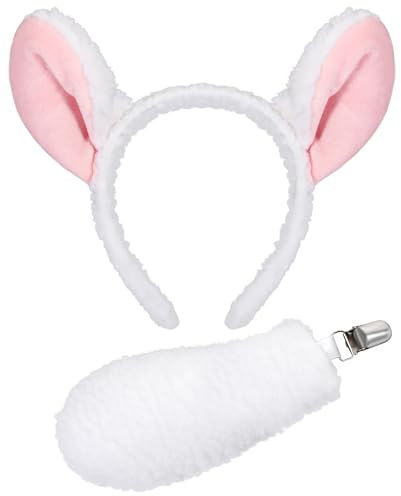 XEPST Tier Lamm Kostüm Set, Lammohren und Schwanz Set mit Lammstirnband und Lammschwanz für Tierkostüm Cosplay Geburtstagsparty Zubehör Halloween Kostüm Kostüm Partyzubehör