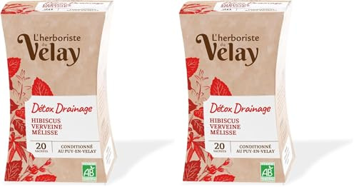L'Herboriste du Velay - Infusion BIO Détox Drainage - Feuilles de Framboisier, Pissenlit, Citronnelle, Menthe Douce, Citron Vert - Conditionné au Puy-en-Velay - Boite de 20 Sachets (Lot de 2)
