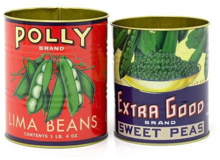 BelAya E Set of 2 Retro Style Vintage Peas Storage Tins - 2 tins of peas - Decorative Tinned Food Cans - Metal Food Display Cans. Ideal for plants, pens, keys, cutlery.