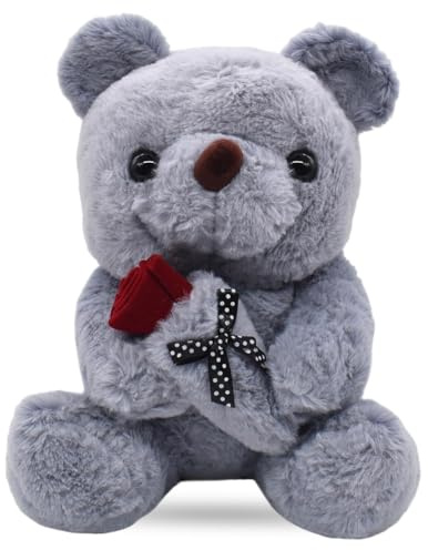 XNAUVOI Teddybär, Grauer Teddy mit Rose, 25 cm Plüschtier, Teddybär Rose Dekoration, Geschenk für Mama, Kinder, Mädchen, Geburtstag, Valentinstag
