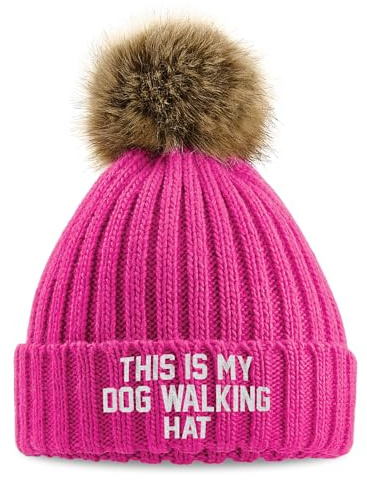 Purple Print House Gorro bordado de piel sintética con pompón bordado para caminar en invierno