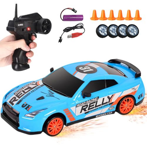 Afenau RC Drift Car, 1:24 Ferngesteuertes Auto Erwachsene mit Beleuchtung, 30km/h, 2,4 GHz, 4WD Rennauto Ferngesteuert, Drift Auto Ferngesteuert für Kinder und Erwachsene ab 6 Jahren (Blau)
