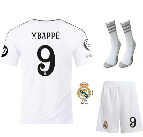 Mbappé Real #9 Kinder Fußballtrikot, Heim 2024 Set, Sporttrikot, Fußball-Trainingstrikots, Fanartikel in Weiß (152-mbappe)