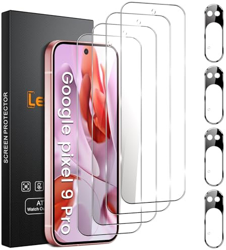 Lesakit 4 Pack for Google Pixel 9 Pro Screen Protector with 4 Pack Camera Lens Protector, 9H Hardness Tempered Glass Screen Protector Anti-Fingerprint Case Friendly