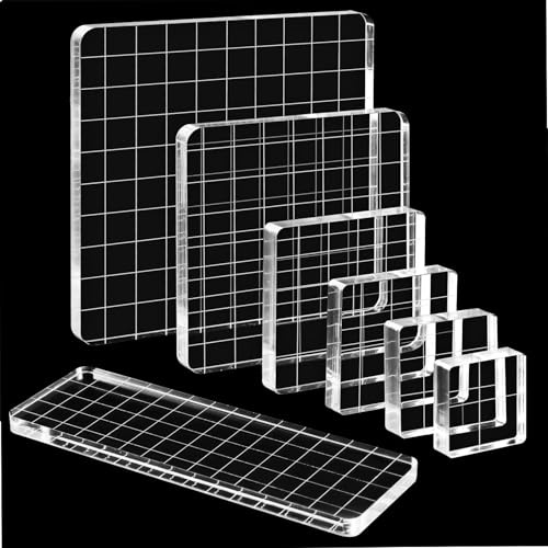 Baroce 7er Set Acrylblock für Silikonstempel, 0.7cm Dicke Stempelblock mit Gitterlinien, Transparent Acrylplatte für Scrapbooking, Kartenherstellung & Fotoalbum, 7 Größen