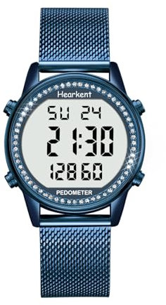 Schrittzähler Damenuhr mit Edelstahlarmband, keine App, kein Aufladen erforderlich für Schritte, Kalorien, Entfernung, Wecker, Countdown-Timer, Saphirblau, Armband