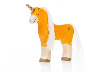 Lilu® Einhorn Fohlen mit leuchtendem Herz, Mähne und Schweif, Fabelwelt Holztiere handbemalt, Holzspielzeug aus FSC®-Holz, EN71 und DEKRA Zertifiziert Spielfigur für Kinder - 12cm x 12cm x 2,4cm
