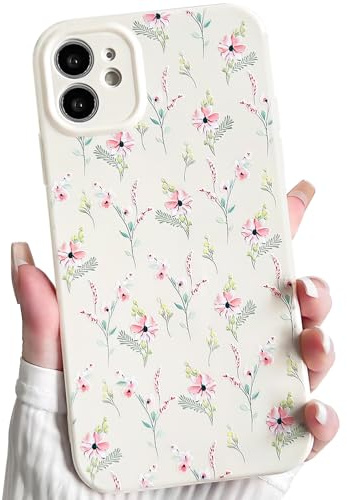 NITITOP Compatible with iPhone 11 Case Cute Pink Flower Floral Aesthetic Design with White Back for Women Girls Trendy Slim Soft TPU Full Camera Shockproof Protective Cover - Pink