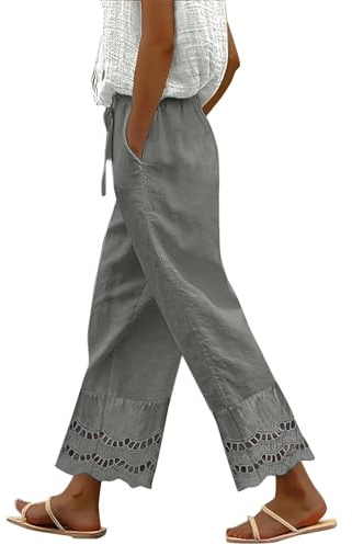 Uwdiohq Pantalon Fluide Femme Été 7/8 Coton Lin Taille Haute Élastique avec Poches - Décontracté Léger Fluide pour Plage - Chic et Élégant Pantalon Large