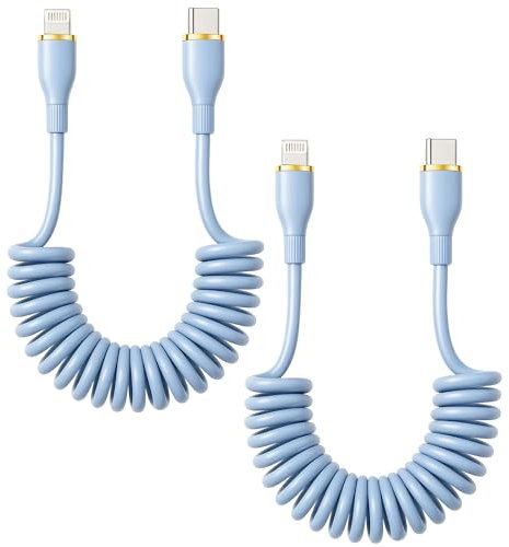 Lotnery Coiled USB C to Lighting Cable, 2 Pack Coiled Type C Carplay Cable & Data Sync, Short USB-C Charging Cable Car Lead with Power Delivery for iPhone 14 13 12 11 Pro Max 8 7 6 Plus SE