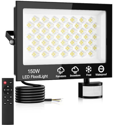 Projecteur LED Extérieur avec Détecteur et Télécommande 150W,6500K Blanc Froid Spot LED Extérieur,15000LM Eclairage Exterieur avec Detecteur,IP66 Étanche Projecteur Exterieur pour Jardin Garage