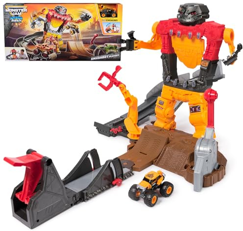 Monster Jam Smash & Bash SmashBot Spielset mit Launcher, exklusiver Monstertruck im Maßstab 1:64, 38,1 cm reparierbarer Roboter, Kinderspielzeug für Jungen und Mädchen ab 3 Jahren