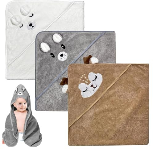 3 Stücke Kapuzenhandtuch Baby - 80 x 80cm Baby Handtuch Kapuze Niedliches Handtücher mit Kapuze Kapuzenhandtuch Babys Weich & Super Saugfähig für Babys Neugeborene Kinds Handtücher (Weiß, Braun, Grau)