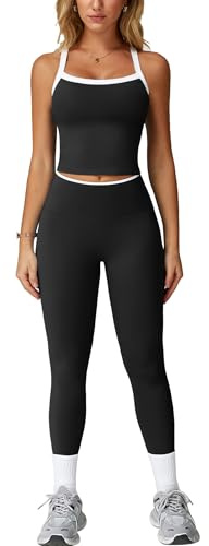 IDOPIP Sportanzug Zweiteiler Damen für Fitness: Neckholder Sommer Outfits mit Polster und hohe Taile Leggings - Gym Set mit Riemenrücken für Yoga, Pilates und Workout