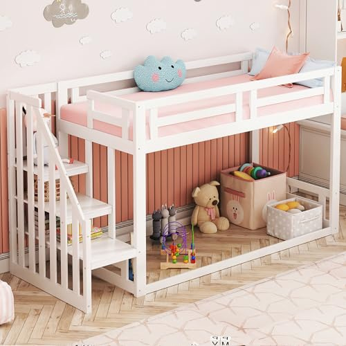 NADEUSAK Kinderbett 90 x 200 cm Niedriges Etagenbett Massivholz Gestell Weiß Mit Lattenrost Ohne Matratze Sicherheitstreppe