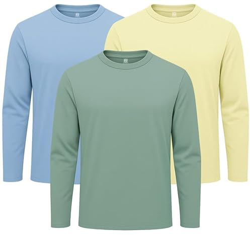 Style Horizon 3 Pack Mens Long Sleeve Crewneck Tshirts, 100% Cotton Casual Round Neck Full Sleeved Tops