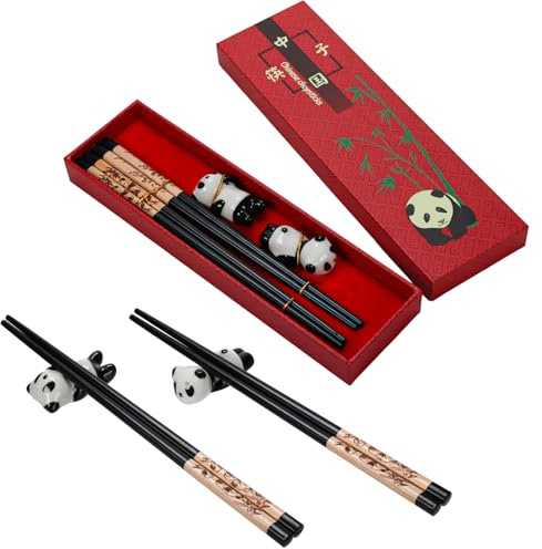 DBOO Wooden Chopsticks Set with Panda Rest - Reusable, Dishwasher Safe & Eco Friendly, Gift Set for Sushi Ramen Hot Pot (2 Pairs, Black)