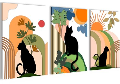 Novart Bilder Set Tiere - KEIN EXTRA RAHMEN BENÖTIGT - Wandbilder für Wohnzimmer Schlafzimmer Büro - 3 Teilig Deko Katzen Silhouetten - N041436a