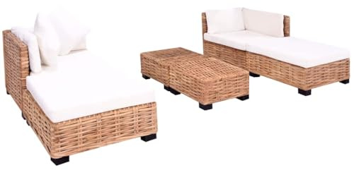 Ziaphsol Sofagarnitur 16-TLG. Natur-Rattan, Mahagoniholz, Braun/Weiß, Ecksofa & Hocker, Wohnzimmer Möbel Set, Langlebig