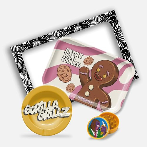Gorilla Grillz® Kit Fumador - Bandeja para Liar Completa con Cenicero y Grinder Biodegradable - Para Persona Fumadora - Pack Fumador con Varios Accesorios (Padre) (Cookies, 31x21)