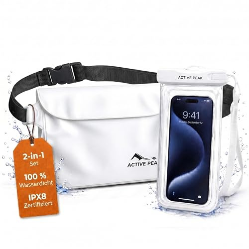 Wasserdichte Tasche, Bauchtasche & Wasserdichte Handyhülle, Waterproof Bag, Drybag wasserdichter Beutel, Kajak Zubehör Strand Must Have Strandurlaub Gadget | IPX8 2-in-1 wasserfest Set (Weiß)