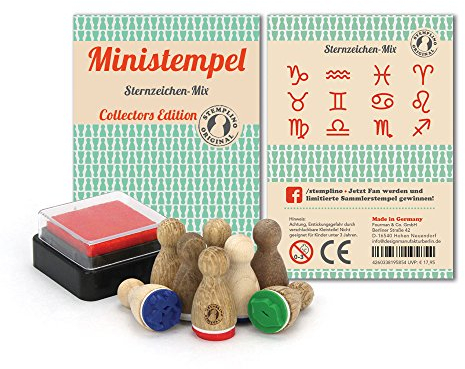 Stemplino Stempelset Sternzeichen - 12 Ministempel aus Holz plus Stempelkissen, Mini Stempel Set Mix