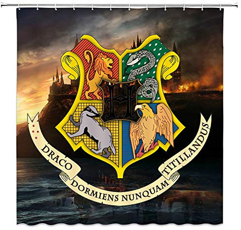 AMFD Rideau de douche Harry Potter Ravenclacw Wizarding School Logo Burning Magic Castle - Tissu polyester imperméable résistant à la moisissure et antibactérien - 178 x 178 cm - Crochets foncés