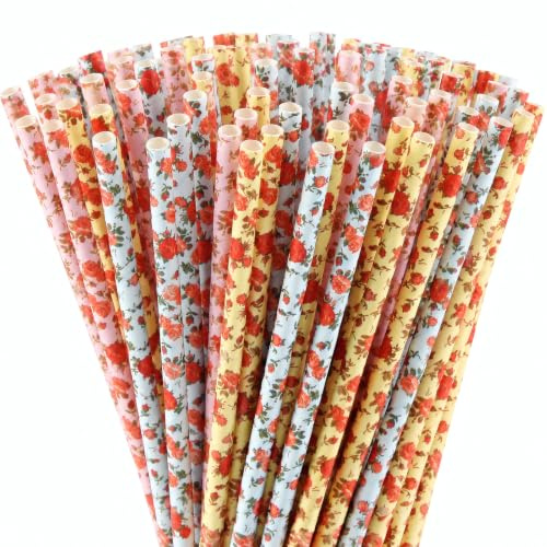 ALINK Floral Paper Straws 100 Count, 7.75 Inch Vintage Rose Disposable Drinking Straws, Decorative Biodegradable Paper Straws for Tea Party, Bridal & Baby Shower, Wedding, Birthday, Garden Party