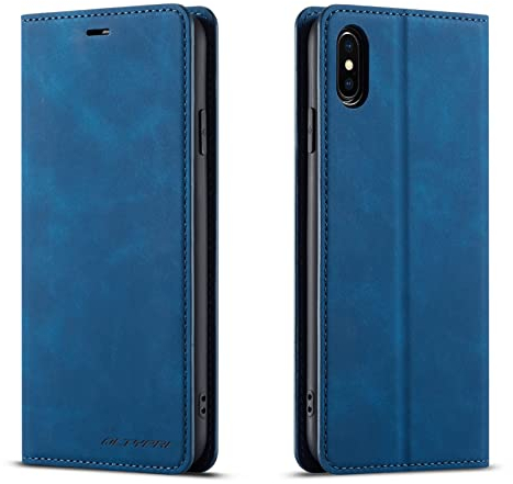 QLTYPRI Case for iPhone XS Max, Premium PU Leather Cover TPU Bumper with Card Holder Kickstand Hidden Magnetic Adsorption Flip Wallet Case Cover for iPhone XS Max - Blue