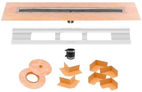 Schluter Kerdi Line Shower Drain with 28 Stainless Steel Channel Body and Waterproof Kerdi Collar - Ideal for Showers and Wet Rooms - Center Outlet Position, 27-9/16 Grate Length - KL1V60E70