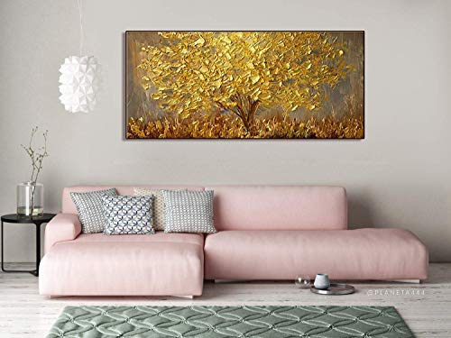 Wanddekoration, handbemalt, Landschafts-Blumen-Wandkunst, abstraktes Palettenmesser, goldfarbener Baum mit Blüten, Ölgemälde auf Leinwand, Familienzimmer, Wohnzimmer-Kunst Wanddekoration 28x56inch