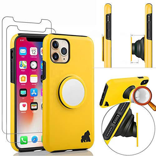 Gorilla Tech Silicone Cover for iPhone 11 Pro Case And Screen Protector 5.8 inch Popup Finger Holder Friendly Stand Anti Scratch Ultra Slim Shockproof Survivor Tempered Glass Yellow Colour 3 Pack