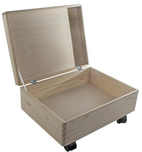WooDeeDoo Large Shallow Wooden Storage Box on Wheels – Hinged Lid Pine Chest to Decorate – Underbed 12L Crate for Crafts Keepsakes Memorabilia – Unfinished Wood – 40 x 30 x 19 cm