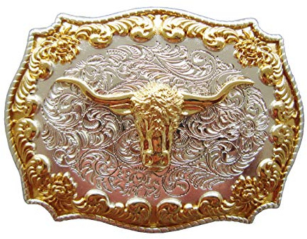 Edles Buckle mit Longhorn- Stier, Gold- & Silber- Auflage, Gürtelschnalle