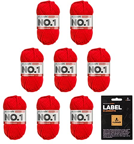 myboshi No.1 Wolle zum Häkeln und Stricken, Schnellstrickgarn, langlebige Mützenwolle, Strickwolle, Häkelwolle, mulesing-frei, Ll. 55m /50g, 30% Wolle (Merinowolle) Rot (Signalrot) 8 Knäuel
