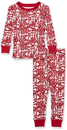 Amazon Essentials Set di Pigiama da Notte Attillati in Cotone Unisex Bimbi, Rosso Babbo Natale, 24 Mesi