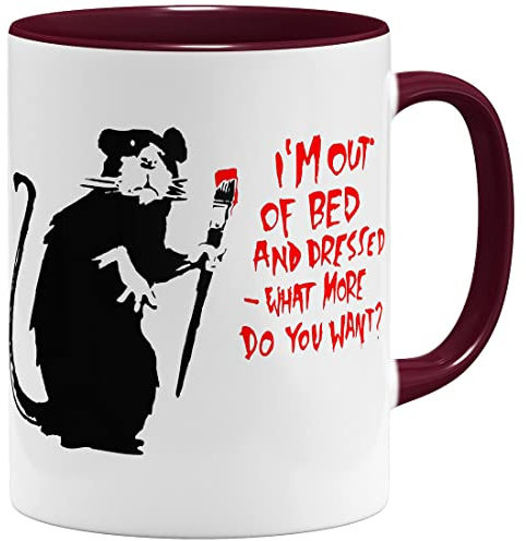 OM3® Out Of Bed Rat Banksy Tasse - Keramik Becher - 11oz 325ml - Beidseitig Bedruckt - Bordeaux