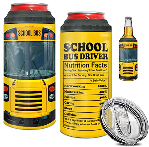 winorax School Bus Driver Gifts 4-in-1 Can Cooler Tumbler Stainless Steel Insulated Coffee Travel Mug Cup with Lid