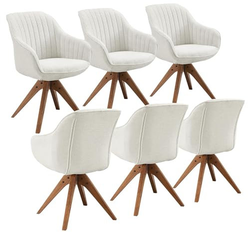 Zouron Silla de Comedor con Patas de Madera (Juego de 6), Silla de Oficina (algodón y Lino), Silla giratoria (360°), Silla de Cocina (con reposabrazos), Beige